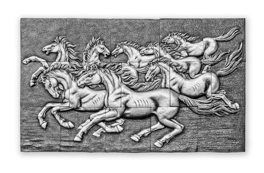 Black and white low relief cement Thai style handcraft of horse on wall, clipping path.