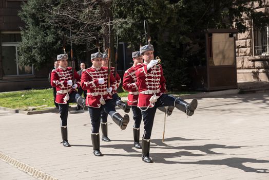 Sofia, Bulgaria,31 March, 2016 - Change of guards at the office of Bulgaria's President.The change of the guard ceremony was first introduced on November 5, 2003 and has been performed on all important dates in the calendar of Bulgarian public holidays since then.All solemn rituals the National Guards’ Unit performed are connected with the preservation and development of traditions from Bulgaria’s past.