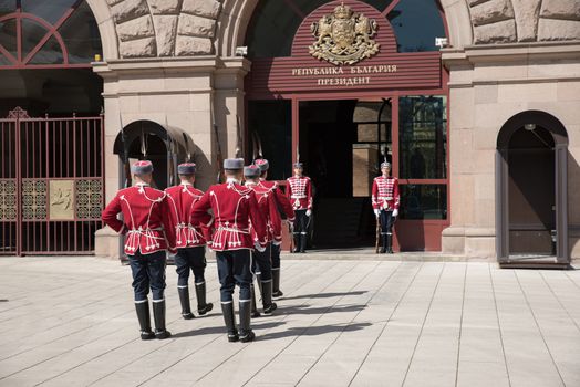 Sofia, Bulgaria - 31 March, 2016 - Change of guards at the office of Bulgaria's President.The change of the guard ceremony was first introduced on November 5, 2003 and has been performed on all important dates in the calendar of Bulgarian public holidays since then.All solemn rituals the National Guards’ Unit performed are connected with the preservation and development of traditions from Bulgaria’s past.