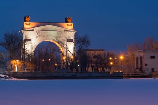 Volgograd, Russia - February 20, 2016: View of the night the front arch gateway 1 WEC ship canal Lenin Volga-Don, in Krasnoarmeysk district of Volgograd