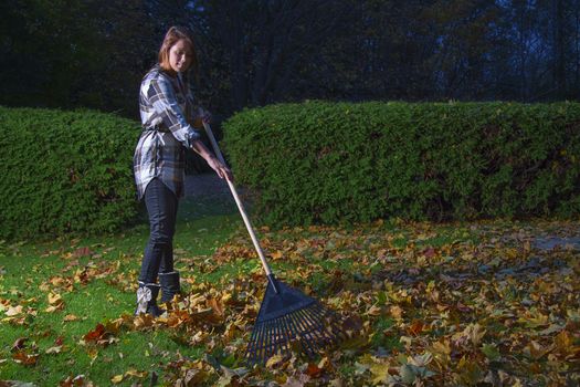 young woman in her twenties, raking leaves