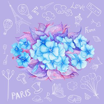  Illustration with watercolor hydrangea flowers and France symbols on background