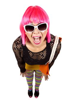 woman with pink hair wearing colorful stylish outfit