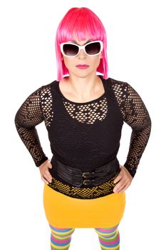 woman with pink hair wearing colorful stylish outfit