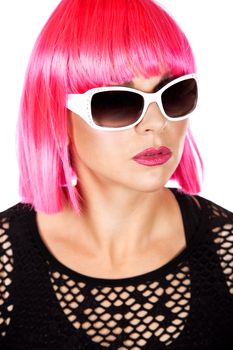 woman with pink hair wearing colorful stylish outfit