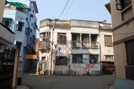 An aging, decaying, ex-colonial tenement block in Kolkata, West Bengal, India