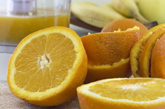 Fresh orange juice, juice and fruit on the table