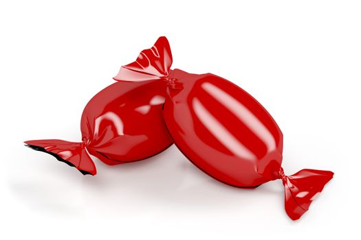Two red wrapped candies on white background