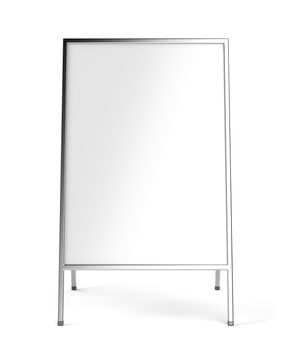 White advertising stand with silver aluminum frame on white background
