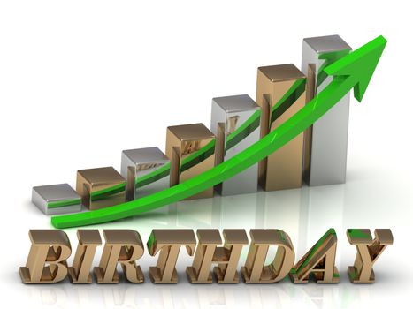 BIRTHDAY- inscription of gold letters and Graphic growth and gold arrows on white background