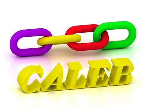 CALEB- Name and Family of bright yellow letters and chain of green, yellow, red section on white background