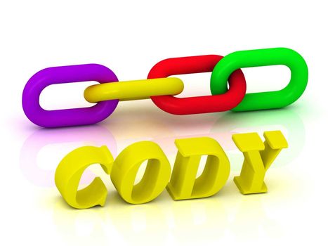 CODY- Name and Family of bright yellow letters and chain of green, yellow, red section on white background