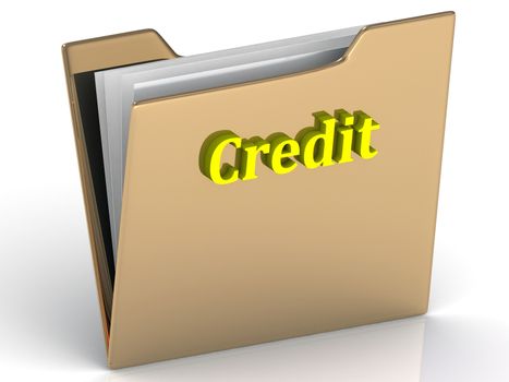 Credit- bright color letters on a gold folder on a white background