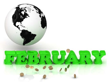 FEBRUARY- bright color letters, black and white Earth on a white background