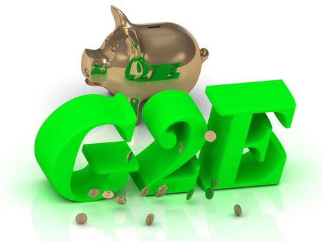 G2E - inscription of bright green letters and gold Piggy on white background