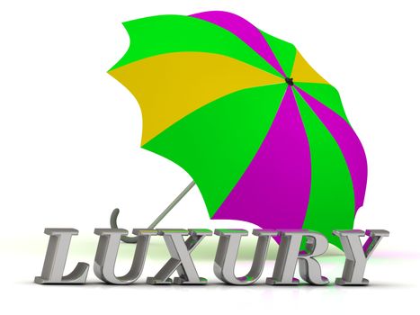 LUXURY- inscription of silver letters and umbrella on white background