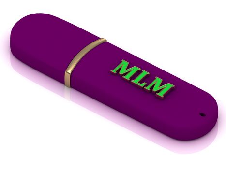 MLM flash - inscription bright green volume letter on red USB flash drive on white background