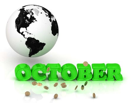 OCTOBER- bright color letters, black and white Earth on a white background