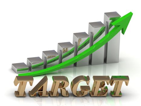 TARGET- inscription of gold letters and Graphic growth and gold arrows on white background