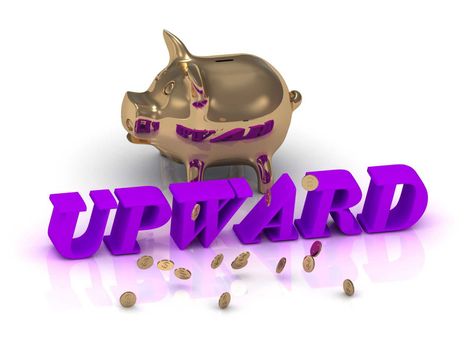 UPWARD- inscription of green letters and gold Piggy on white background