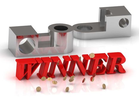 WINNER- inscription of red letters and silver details on white background