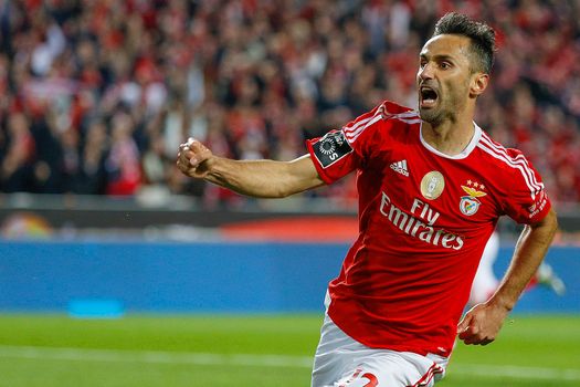 PORTUGAL, Lisbon: Benfica's forward Jonas Gonçalves Oliveira, known as Jonas (C), celebrates a goal during the Portuguese Liga football match between Benfica and SC Braga (5-1) at Luz Stadium, in Lisbon, on April 1, 2016.