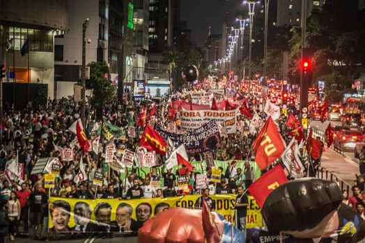 BRAZIL, Sao Paulo: Hundreds of people demonstrate for the impeachment of President Dilma Rousseff and early elections at Avenida Paulista in Sao Paulo, southern Brazil, on April 1, 2016. Brazilian President Dilma Rousseff is facing possible impeachment by Congress. The effort comes amid an angry public mood over the South American nation's worst recession in decades and a big bribery scandal at the state oil company Petrobras. 