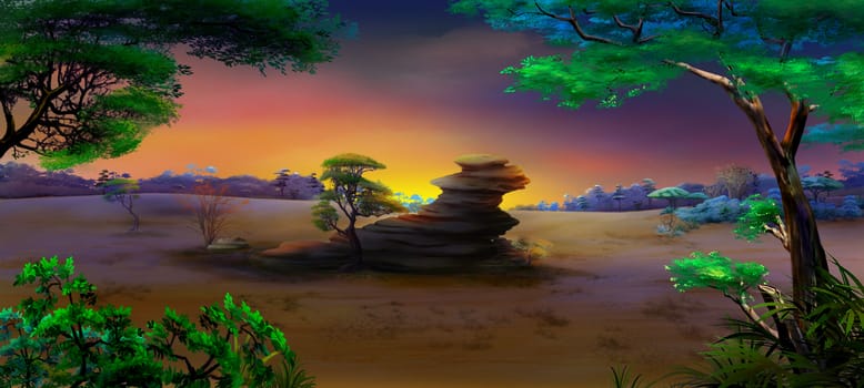 Digital painting of the African Savannah at  night with stone rock and acacia tree. Panorama.