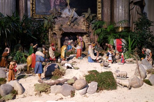 Nativity scene, creche, or crib, birth of Jesus in Graz Cathedral dedicated to Saint Giles in Graz, Styria, Austria