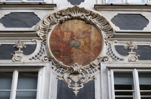 Holy Trinity fresco painting on the house facade in Graz, Styria, Austria