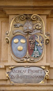 Facade coat of arms on the portal of Arsenal (Zeughaus) historic center listed as World Heritage by UNESCO in Graz, Styria, Austria