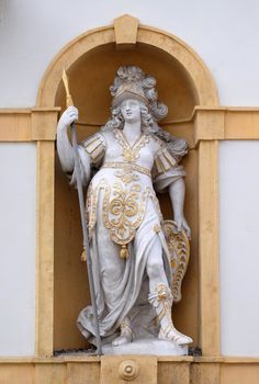 Minerva, Roman goddess of wisdom and sponsor of arts, trade, and strategy, Arsenal (Zeughaus) historic center listed as World Heritage by UNESCO in Graz, Styria, Austria