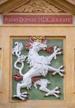 Facade coat of arms on the portal of Arsenal (Zeughaus) historic center listed as World Heritage by UNESCO in Graz, Styria, Austria