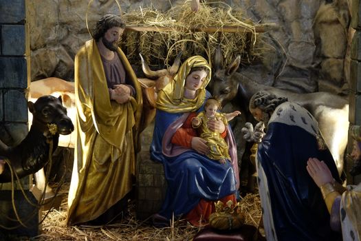 Nativity scene, creche, or crib, birth of Jesus in Parish Church of the Holy Blood in Graz, Styria, Austria