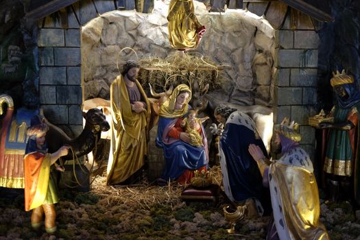 Nativity scene, creche, or crib, birth of Jesus in Parish Church of the Holy Blood in Graz, Styria, Austria