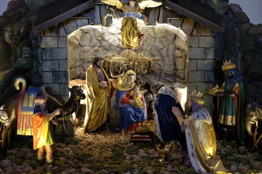 Nativity scene, creche, or crib, birth of Jesus in Parish Church of the Holy Blood in Graz, Styria, Austria