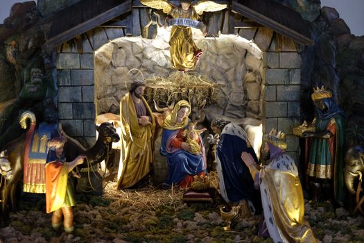 Nativity scene, creche, or crib, birth of Jesus in Parish Church of the Holy Blood in Graz, Styria, Austria