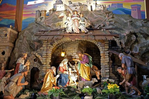 Nativity scene, creche, or crib, birth of Jesus in Franciscan Church in Graz, Styria, Austria