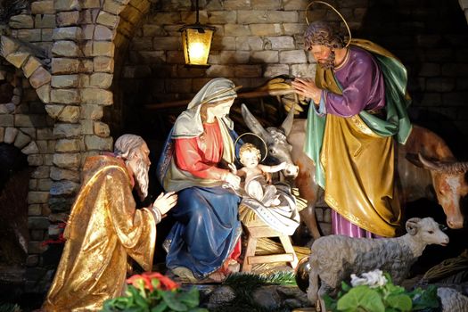 Nativity scene, creche, or crib, birth of Jesus in Franciscan Church in Graz, Styria, Austria