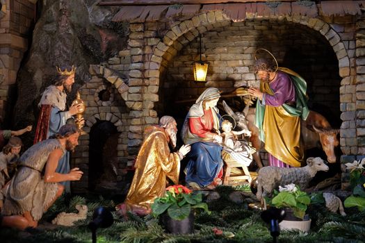 Nativity scene, creche, or crib, birth of Jesus in Franciscan Church in Graz, Styria, Austria