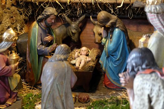 Nativity scene, creche, or crib, birth of Jesus in Barmherzigenkirche church in Graz, Styria, Austria