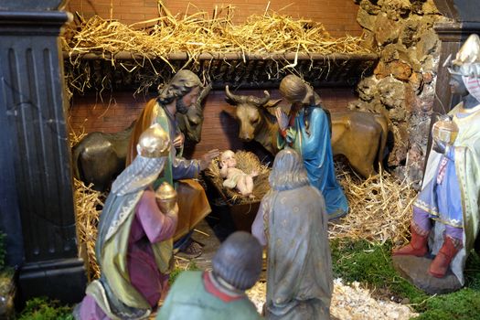 Nativity scene, creche, or crib, birth of Jesus in Barmherzigenkirche church in Graz, Styria, Austria