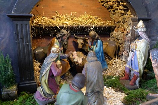 Nativity scene, creche, or crib, birth of Jesus in Barmherzigenkirche church in Graz, Styria, Austria