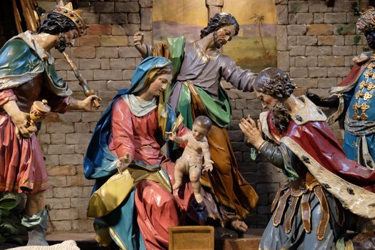 Nativity scene, creche, or crib, birth of Jesus in Mariahilf church in Graz, Styria, Austria