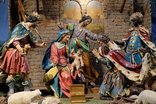 Nativity scene, creche, or crib, birth of Jesus in Mariahilf church in Graz, Styria, Austria