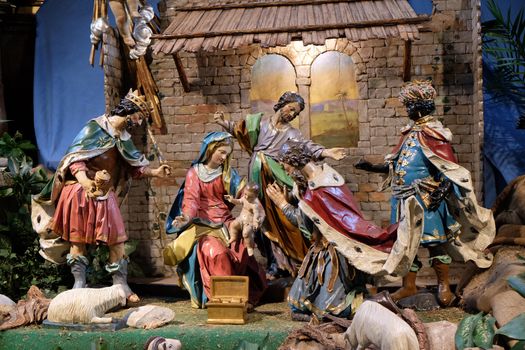 Nativity scene, creche, or crib, birth of Jesus in Mariahilf church in Graz, Styria, Austria