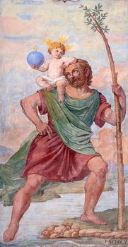 Saint Christopher, fresco painting on the house facade in Graz, Styria, Austria on January 10, 2015.