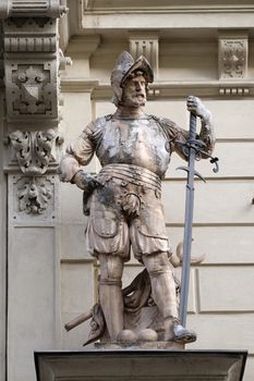 Statue of Austrian soldiers on the portal of City Hall. Graz is the capital city of Styria, Austria