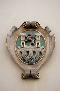 Facade coat of arms on the Landhaus historic center listed as World Heritage by UNESCO in Graz, Styria, Austria