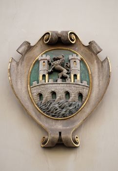 Facade coat of arms on the Landhaus historic center listed as World Heritage by UNESCO in Graz, Styria, Austria